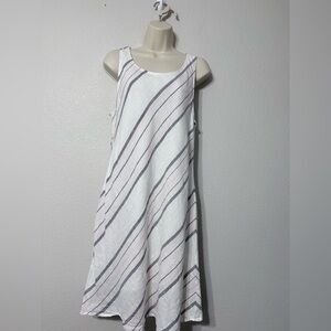 Kenar White Linen Diagonal Blue and Pink Striped Keyhole Tie Back Tank Dress 12